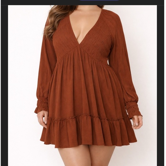 Altar State XL Rust Smocked V Neck Balloon Sleeve Tiered Ruffle Mini Dress XL - Picture 2 of 5